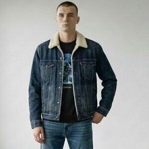 Levi's Indigo Blue Cotton Denim Jean Sherpa Trucker Fleece Lined Jacket Men's S
